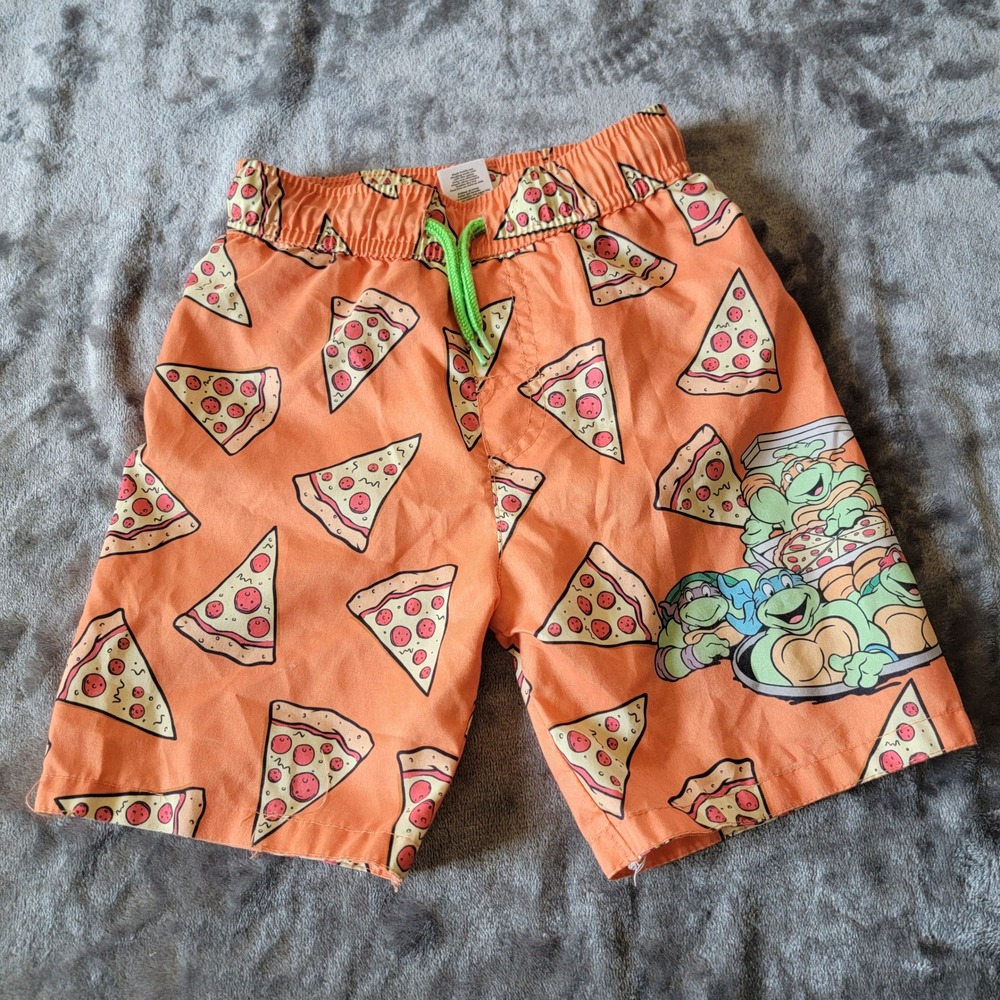Nickelodeon TMNT Swim Trunks Boys 4T Orange Excellent Pizza Graphic Shorts